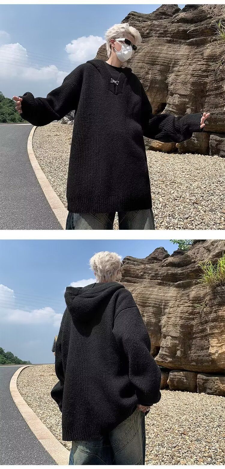Kapuzenpullover Herren Halboffener Kragen V-Ausschnitt Metallknopf Design Sense Herbst Winter Oberbekleidung Trendy_voghion.com