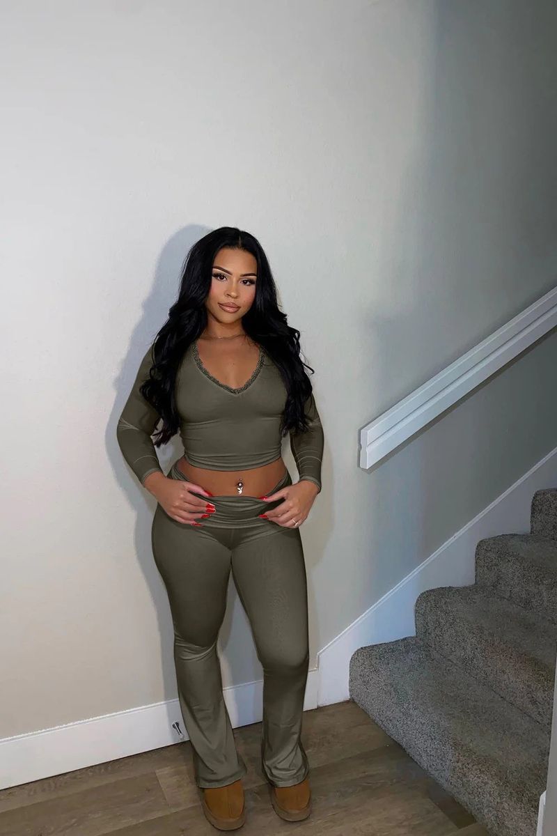 Dametøj forårsny langærmet blonde V-hals kort top højtaljet bukser afslappet hjemmedragt_voghion.com