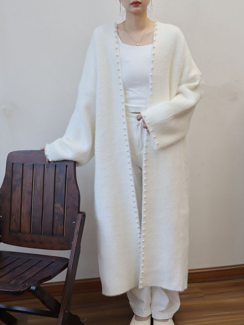 Cárdigan de punto de imitación de chinchilla con cuentas: abrigo extralargo y extragrande (poliéster afelpado, cuello en V, minimalista en blanco, rosa y negro, ideal para el trabajo y la noche)_voghion.com