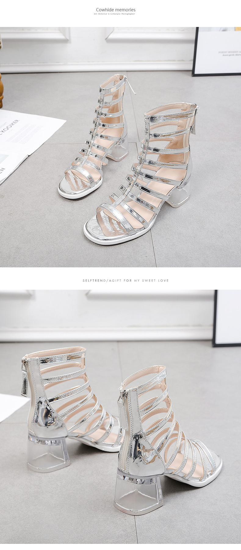 Sandalen runde Zehenpartie Blockabsatz Heels Damen Rückenreißverschluss Mode Cut-Out Sandalen Damensandalen_voghion.com