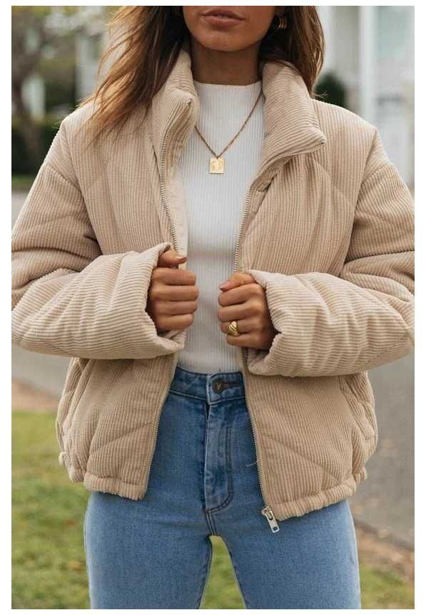 Giacca in velluto a coste con collo alto – Cappotto leggero in poliestere trapuntato con cerniera frontale (S-XXXL, beige)_voghion.com