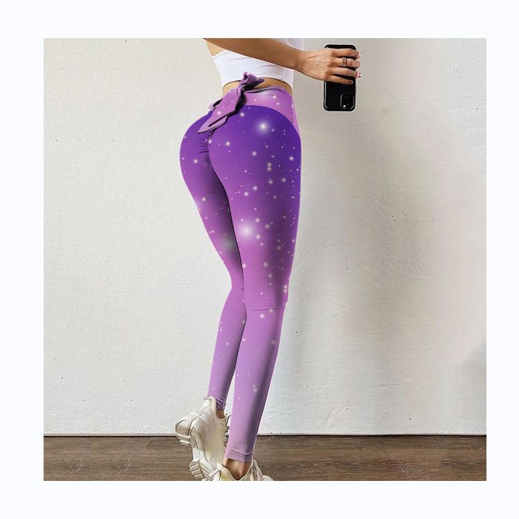 Pantaloni da yoga da yoga da donna con stampa multicolore antirughe sull'anca, dimagranti a vita alta, con fiocco elasticizzato_voghion.com