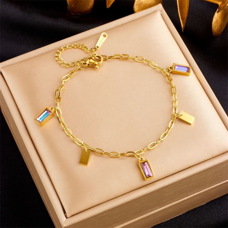 Bracelet en acier et titane avec pendentif en forme de larme en verre coloré, style européen et américain_voghion.com