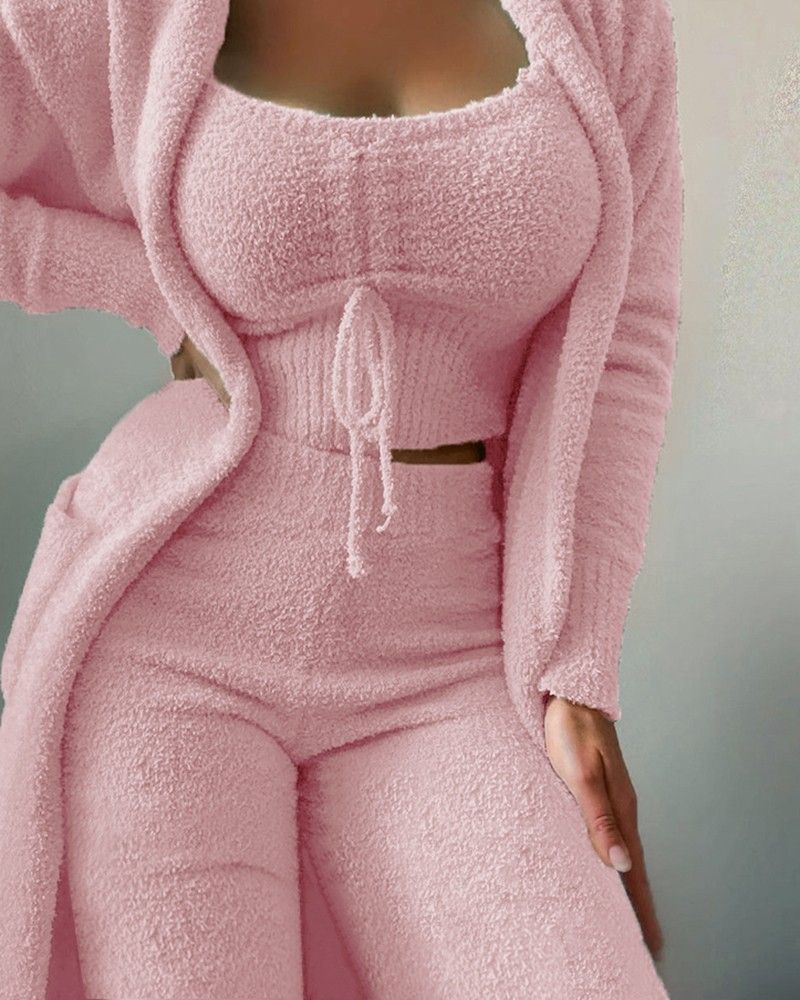 Women's 3-Piece Lace-Up Pajama Set – Soft Plush Lounge Wear (Short/Trousers, 9 Colors) | Home & Sleepwear_voghion.com