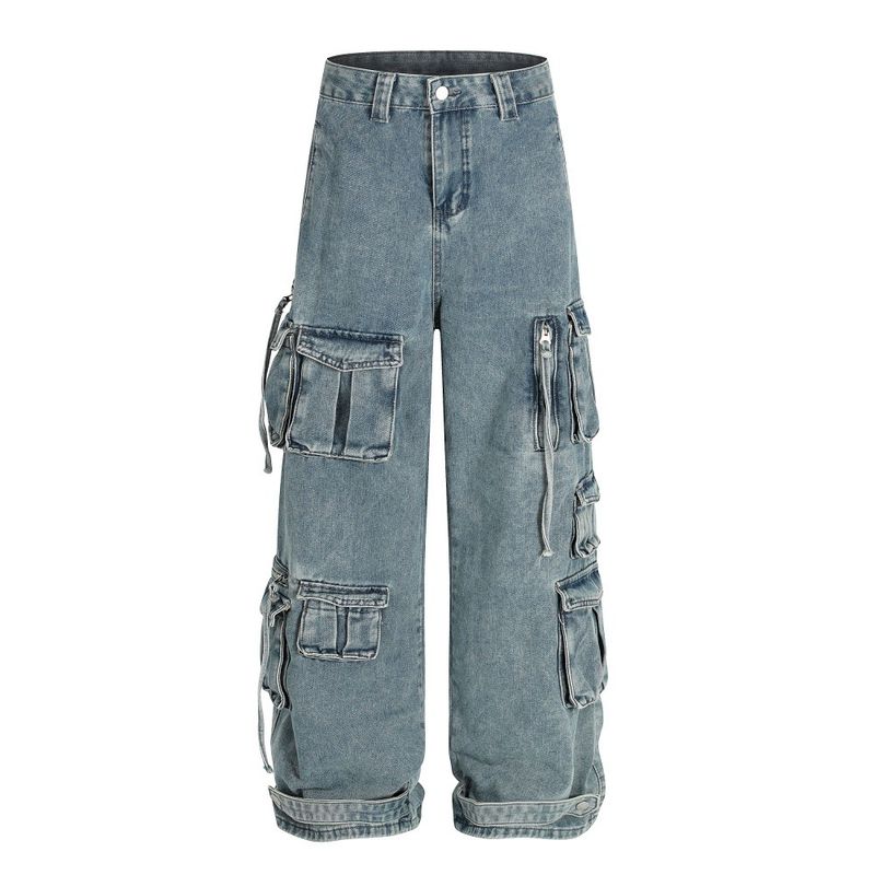 Pantaloni cargo larghi e dritti da uomo in denim multitasche American High Street, con design di nicchia, lavato e personalità_voghion.com