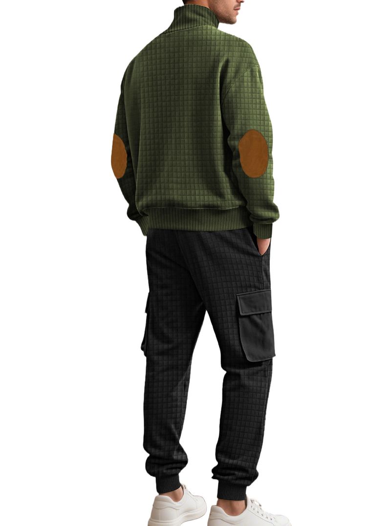 Conjunto de sudadera con capucha y joggers de punto a cuadros para hombre: 2 piezas, estilo informal de negocios, 100 % poliéster, resistente a las arrugas y transpirable._voghion.com