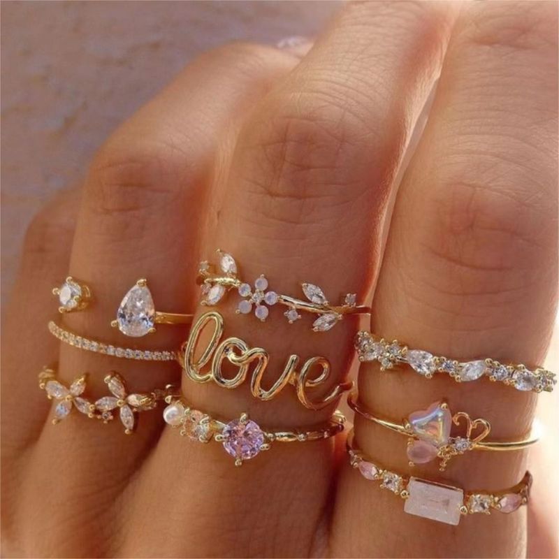 Hip-Hop Style Niche Inlaid Rhinestone Set Open Star Moon Heart Stacking Knuckle Ring_voghion.com