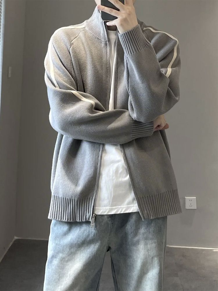 Strickcardigan für Jungen, trendige Herrenjacke für den Frühling 2025, neuer Stehkragen, lockerer, vielseitiger Freizeitpullover_voghion.com