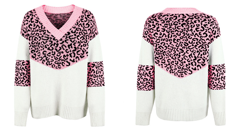 V-Ausschnëtt Leopardnähten Pullover mat Kontrastfaarf_voghion.com