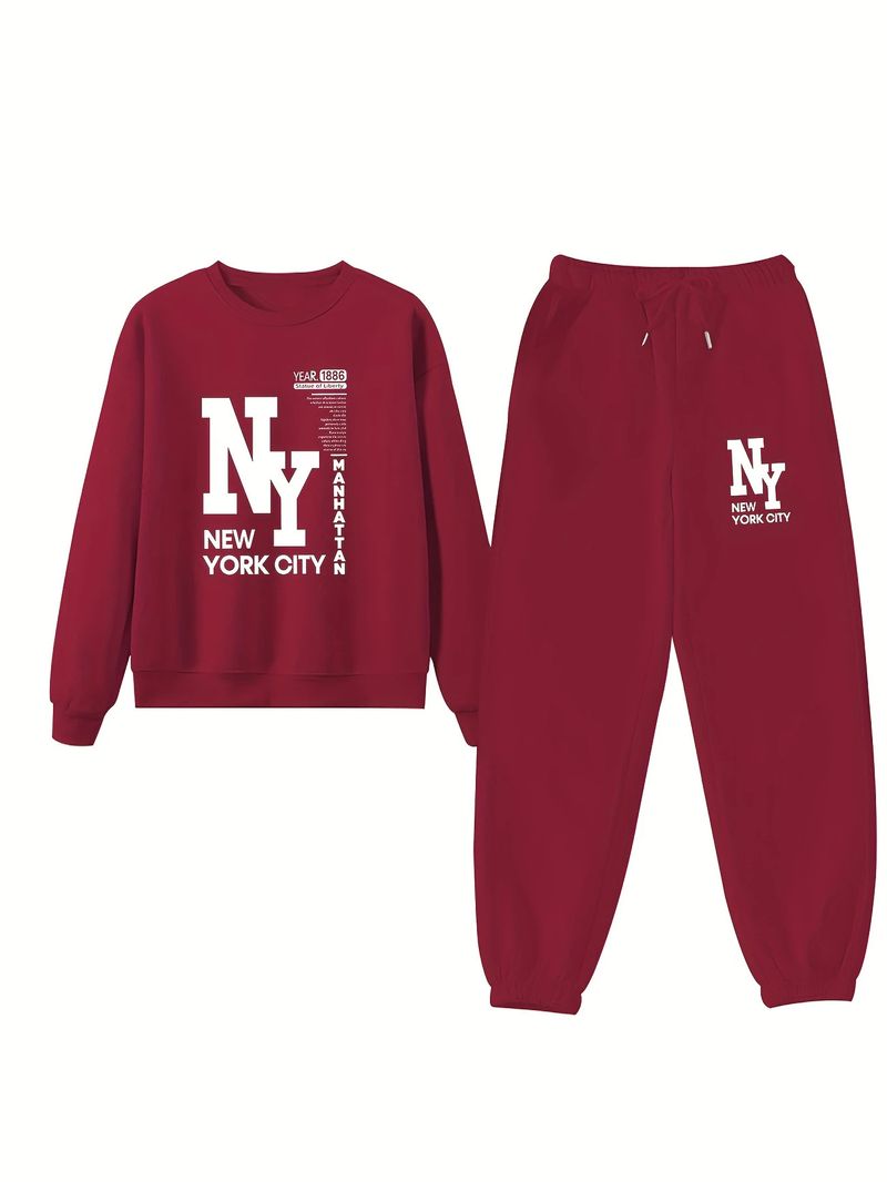 Women's Printed Two Piece Tracksuit, Long Sleeve Pullover Top And Drawstring Waist Pants, Casual Sportswear For Spring And Fall_voghion.com