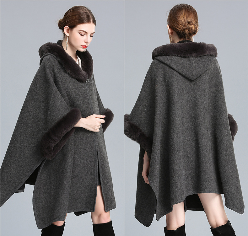 Women's imitation Rex rabbit collar hooded shawl cape large size woolen coat loose cardigan_voghion.com
