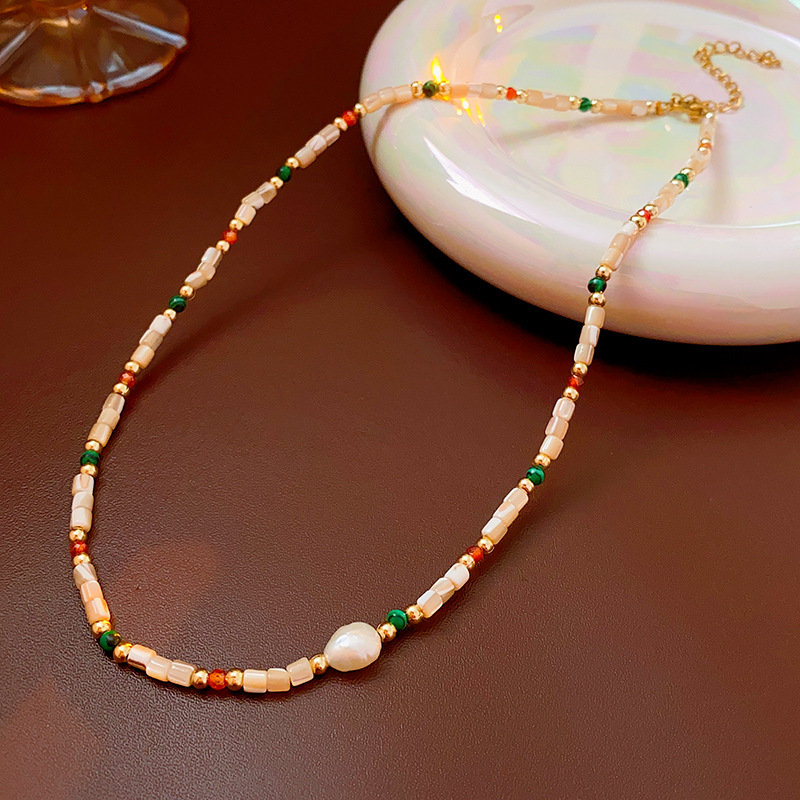 Baroque freshwater pearl colored natural stone necklace with a minimalist temperament, collarbone chain, light luxury,_voghion.com