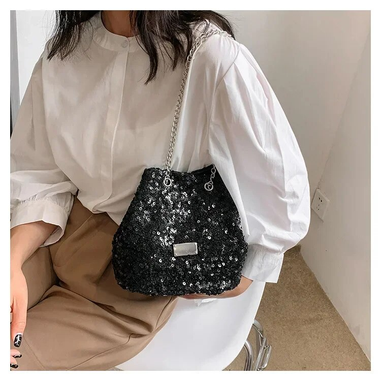 Borse a secchiello da donna con paillettes alla moda Borsa a tracolla a tracolla femminile Borsa a tracolla a catena Borsa a tracolla da donna Сумка_voghion.com