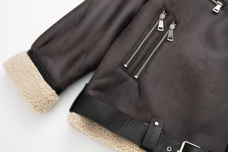Frauen mit Gürtel doppelseitige Lederjacke Pelzmantel_voghion.com