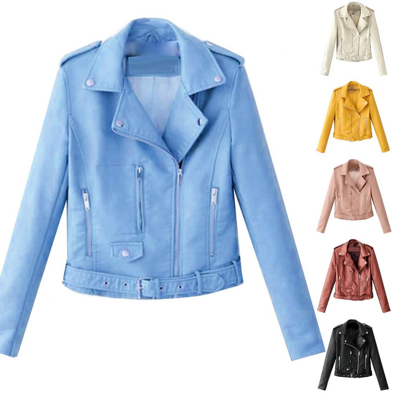 Lady Leather Long Sleeve Lapel Zipper Button Pocket Motorcycle Jacket Short Coat_voghion.com