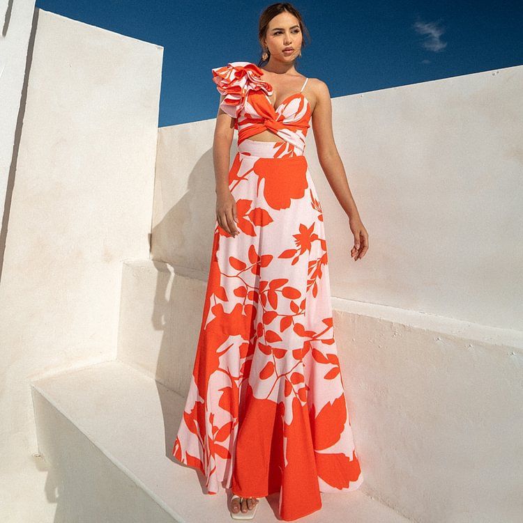Women's Clothing One Shoulder Ruffled Hollow Print One Piece Swimsuit_voghion.com