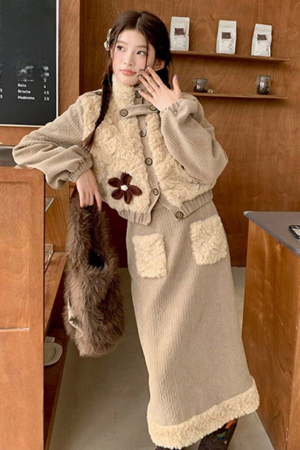 Giacca patchwork in stile di nicchia unico, gonna versatile alla moda, donna autunno inverno 2024, nuovo outfit alla moda_voghion.com