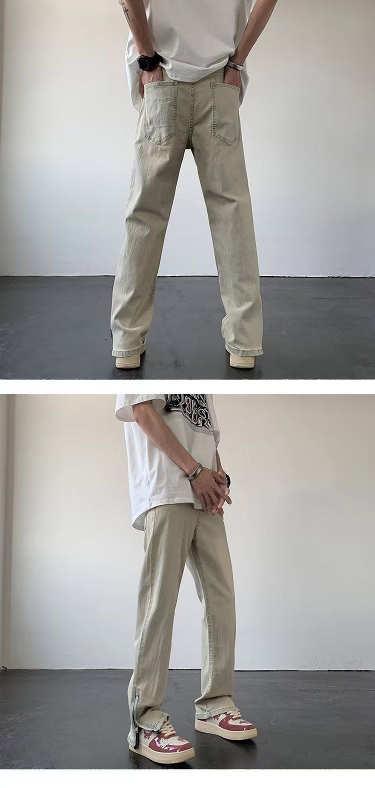 Jeans micro flared de lama amarela para lavagem de verão masculina, marca americana da moda de rua reta com perna reta_voghion.com