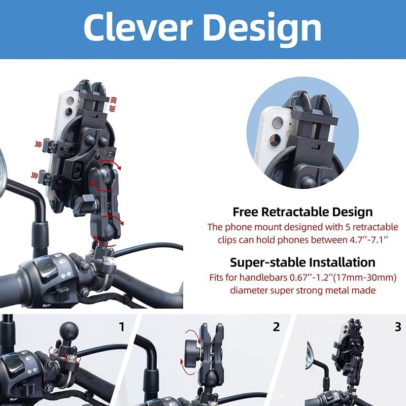 Support de téléphone pour moto ROCKBROS avec absorption des chocs, réglable à 360 degrés, pour téléphones de 4,7 à 7,1 pouces_voghion.com