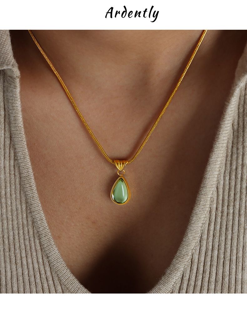 A Niche Water Droplet Shaped Green Blue Glass Stone Pendant Necklace, Collarbone Chain, Titanium Steel_voghion.com