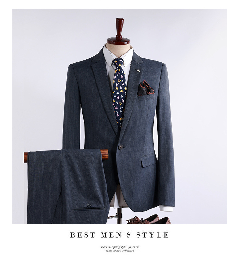 Men's Slim Fit Blue Stripe Suit Set Formal Blazer & Trousers For Wedding, Business & Office Wear_voghion.com