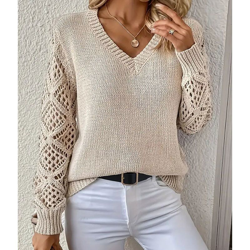 Zahmetsiz V Yakalı Kadın Dantel Örgü Üst - Nefes Alabilen Akrilik Kazak, Günlük ve Ofis Şıklığı, S/M/L/XL (Bej, Siyah, Krem)_voghion.com