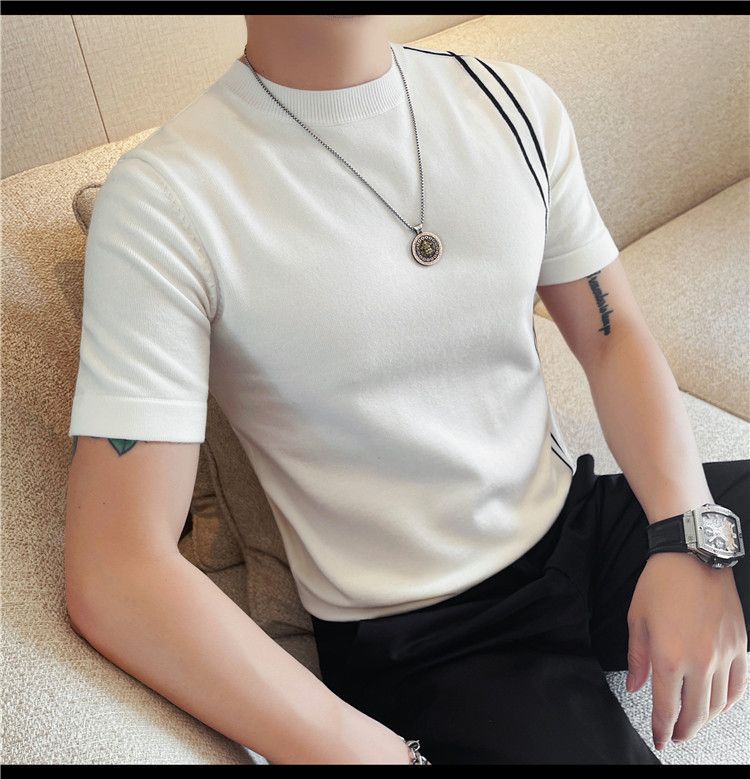 Summer New Products Men's Thick Short Sleeve T-Shirt Threaded Neckline Short Sleeve Knitted Sweater Slim Fit Elastic Bottom Sweater Undershirt_voghion.com