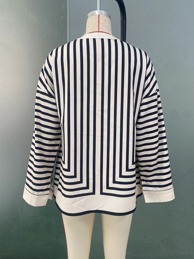 Damenbekleidung Frühling Neue Langarmhemd Gestreiftes Loses Strickjackenhemd Damen_voghion.com