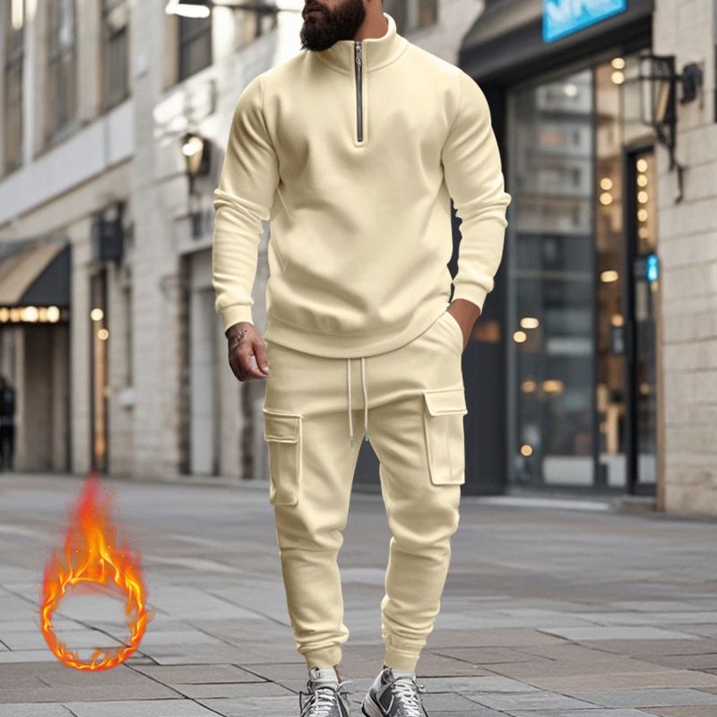 Fleecegefüttertes Sweatshirt-Set mit Viertelreißverschluss für Herren – Slim Fit Thermo-Jogging-Outfit für Herbst und Winter_voghion.com