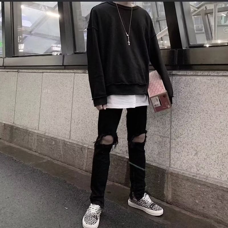 Suitable For All Seasons Suitable For All Seasons American Style Washed Vintage Ripped Jeans For Men Spring Autumn Strai_voghion.com