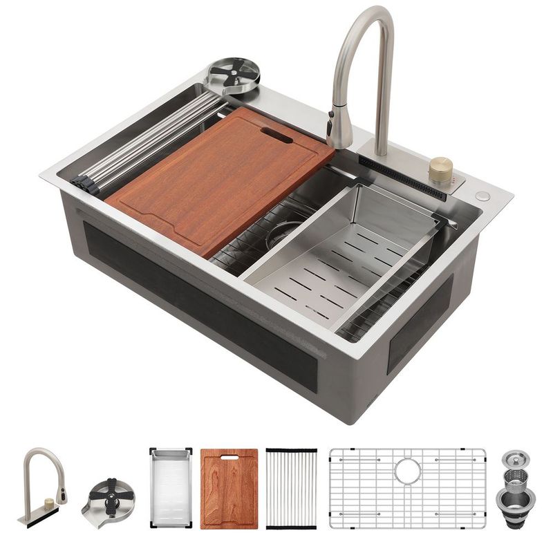 33in. *22in.*10in. Drop In 304 Stainless Steel Workstation Kitchen Sink With Dual Built-in Ledge, Top Mount Single Bowl Workstation Sink With Pull-Out Spray Head Faucet And Rainfall Faucet ,Cup Washer_voghion.com