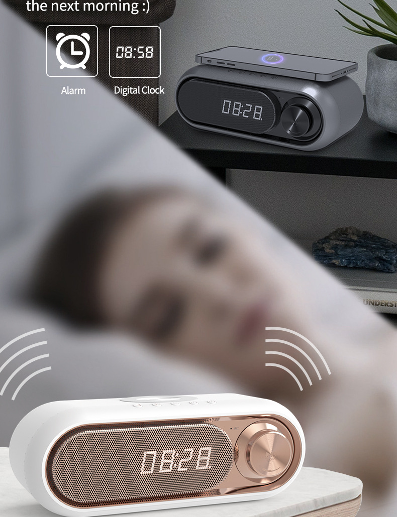 Încărcare fără fir Difuzor FM Bluetooth și ceas ceas cu alarmă Încărcător fără fir 3-în-1 pentru pat_voghion.com