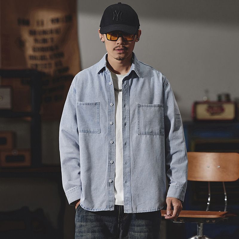 Chemise en jean pour homme, nouvelle collection printemps-été, ample et simple, style japonais, grande taille, couleur unie_voghion.com