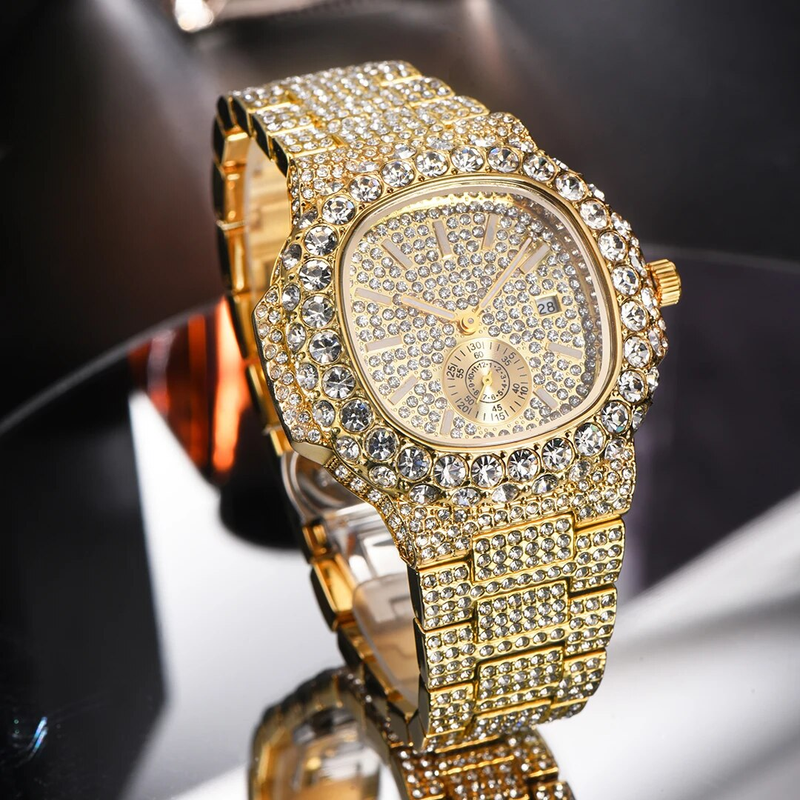 MISSFOX Ceasuri Bărbați Automatic Data Fashion Hip Hop Iced Diamond Bling Waterproof Gold Quartz Wrist Watch Mans Reloj 2023_voghion.com