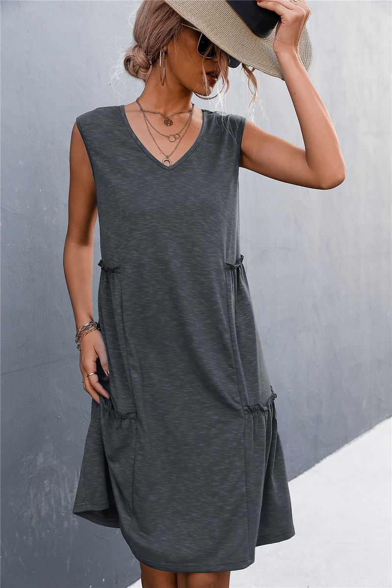 2023 frühjahr/Sommer Neue Solide V-ausschnitt Ärmelloses Tank Top Gestrickte Kleid Kurzen Rock_voghion.com