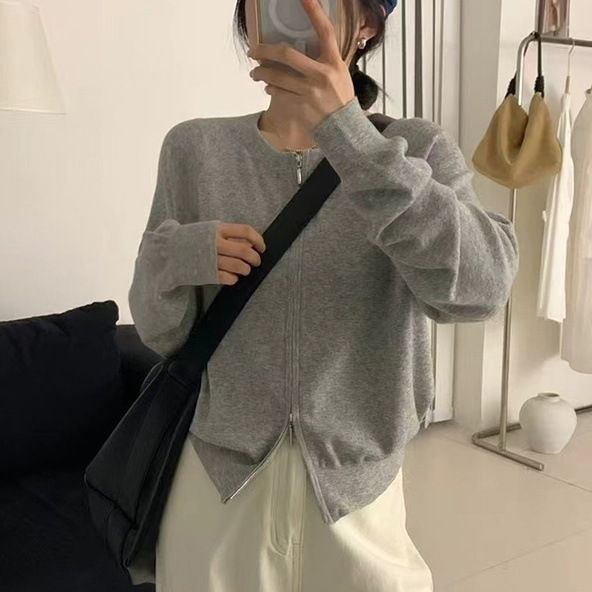 Women's Oversized Zip-Up Knit Cardigan With Dual Zippers - Soft Long Sleeve Casual Sweater For Everyday Comfort_voghion.com
