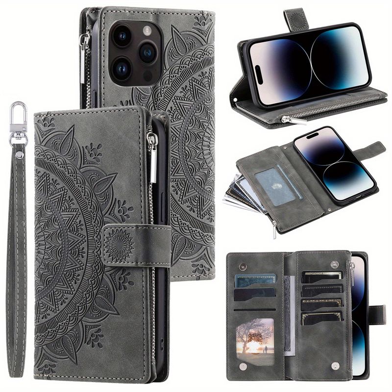 PU Leather Cover with Zipper Card Slots, Magnetic Wrist Strap, and Multiple Card Holders for 15, 14, 13, 12, Mini, 11, Pro, X, XS, Max, XR, 8, 7, SE_voghion.com