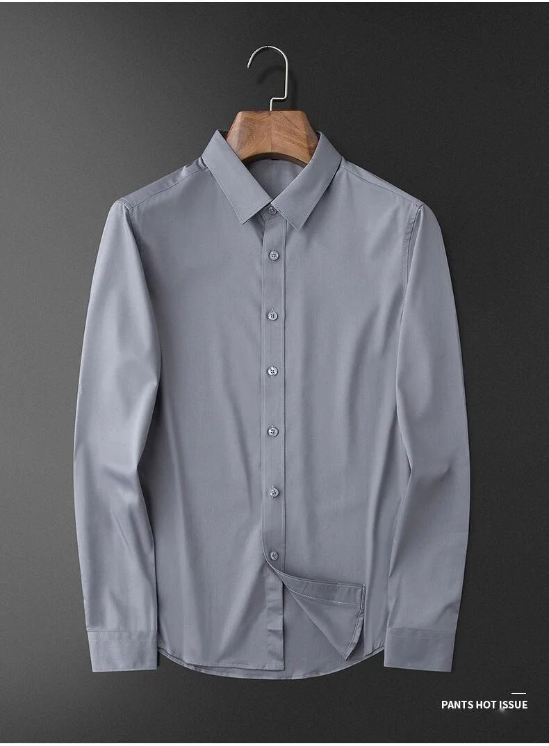2023 New Light Luxury Long sleeved Business Casual No iron Silk Smooth High end Feel Handsome Versatile Men's Shirt_voghion.com