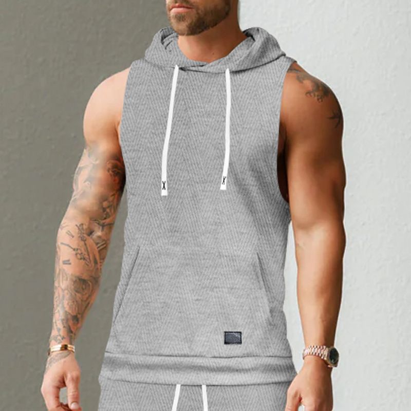 Felpa con cappuccio in maglia jacquard casual da uomo, senza maniche, con tasca applicata e coulisse_voghion.com
