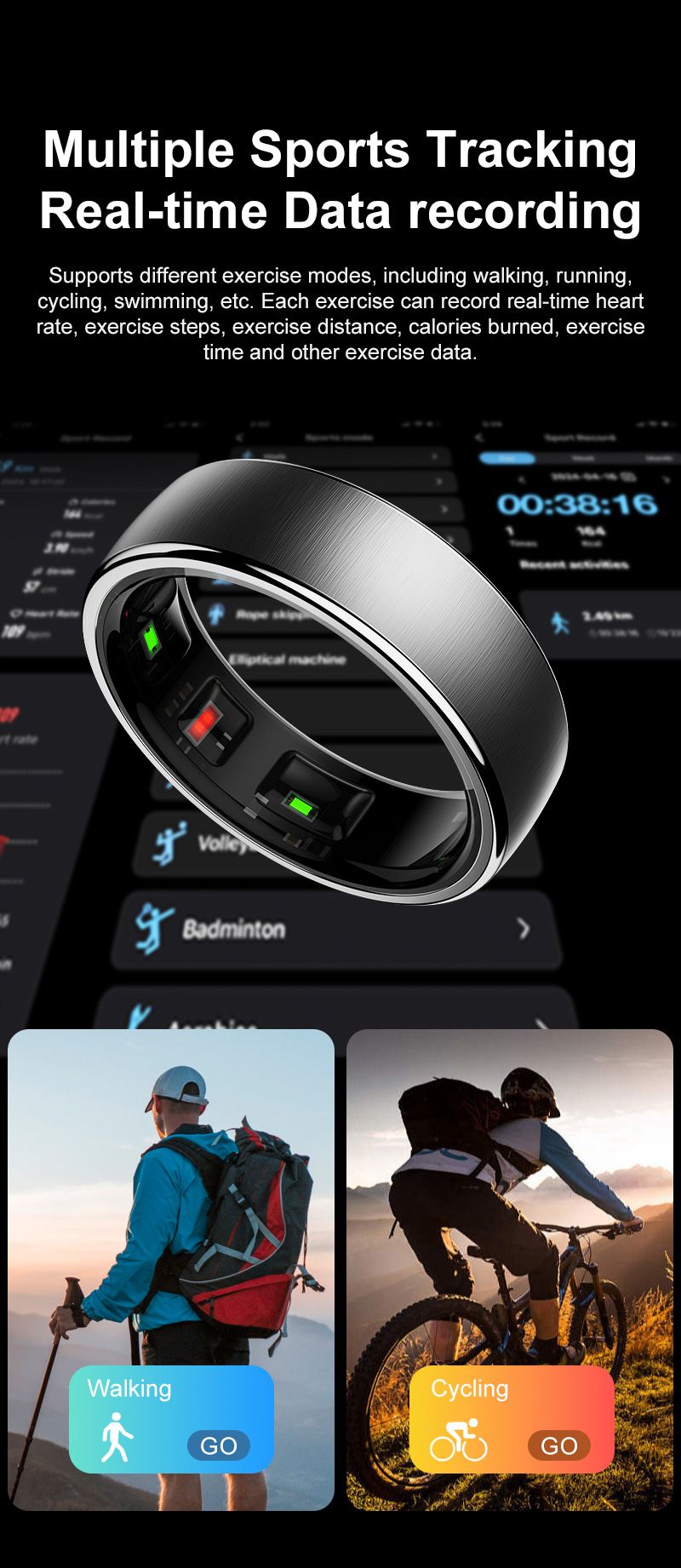 Nouvelle bague connectée R10 pour hommes et femmes, moniteur de fréquence cardiaque et d'oxygène dans le sang, mode multisport, étanche IP68 et 5 ATM, pour Android et iOS_voghion.com