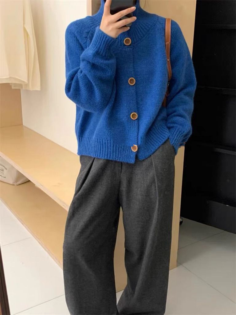 Coreano Dongdaemun Brigh Gola Alta Single breased Knied Cardigan Feminino 2024 Outono/Inverno Lazy Warm Sweaer_voghion.com