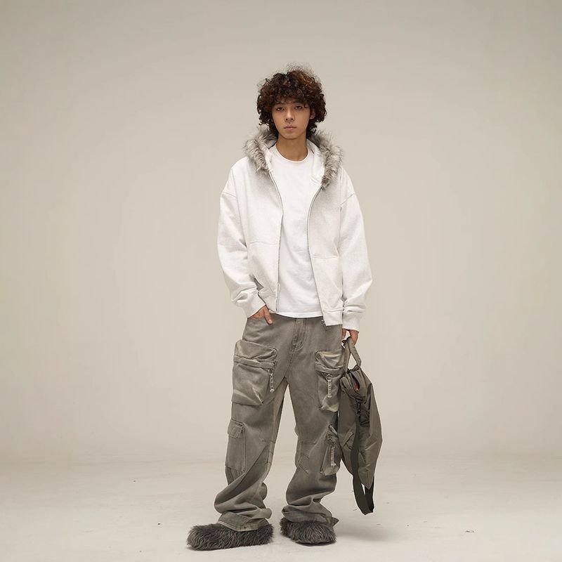 American Style Design Coat With Fur Collar, Couple Hooded Zipper Cardigan Sweatshirt, Autumn Winter Warm High-end Trendy_voghion.com