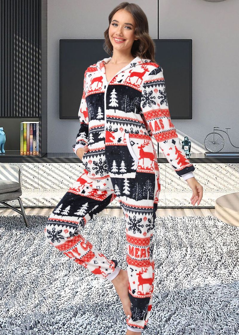 women's Christmas deer snowflake flannel hooded jumpsuit pajamas home clothes_voghion.com