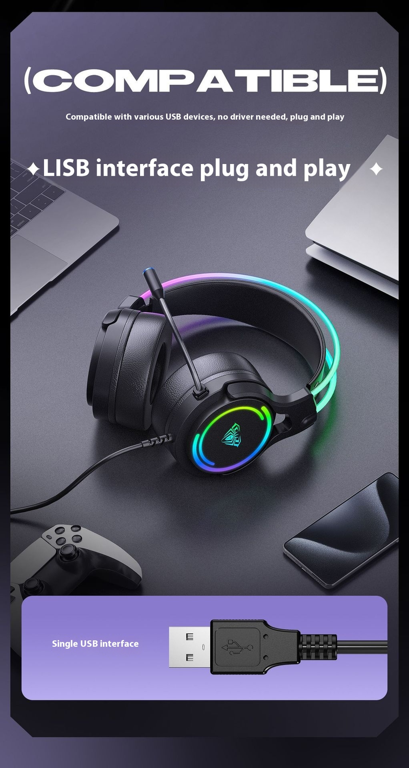 Casque de jeu Esports S506 RGB avec microphone, réduction du bruit, son surround 7.1, confortable à porter, compatible PC_voghion.com