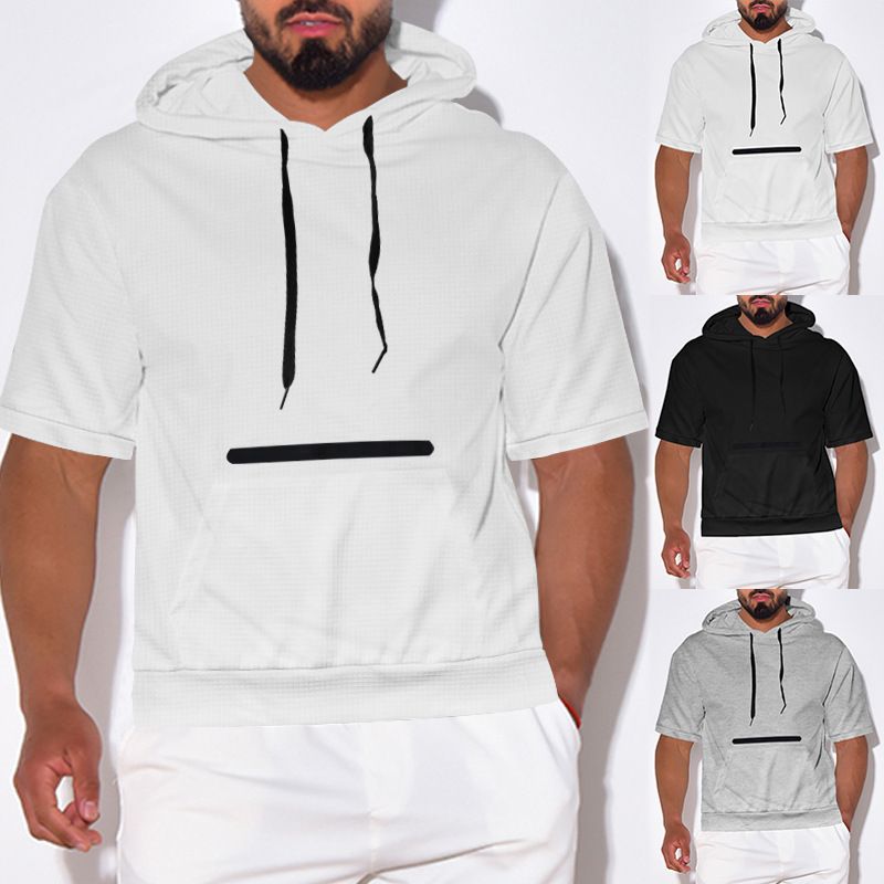 Maglietta estiva casual da uomo, con cappuccio e maniche corte, tinta unita_voghion.com
