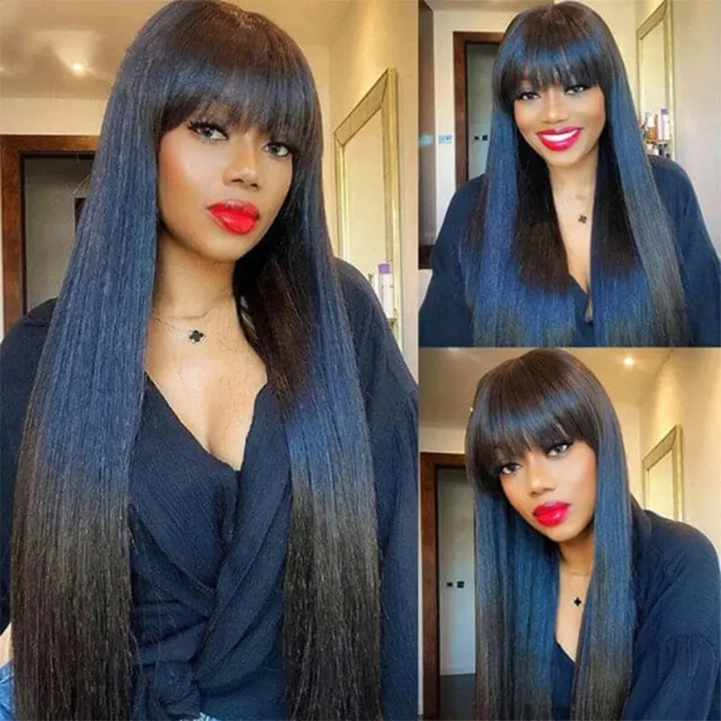 Peruca reta com franjas 100% cabelo humano peruca para mulheres sem cola totalmente feita à máquina cabelo remy brasileiro à venda_voghion.com