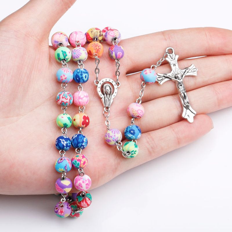 Nova religija križ obesek rožni venec ogrlice za ženske barvite mehke lončene kroglice dolga veriga nakit Device Marije_voghion.com