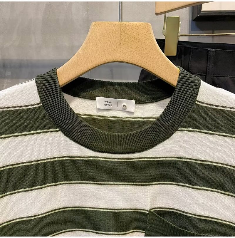 Herrenbekleidung Rundhals-Streifenpullover Herren Kurzarm-T-Shirt Tops Herren 2024 Sommer neues Design lässig vielseitig_voghion.com
