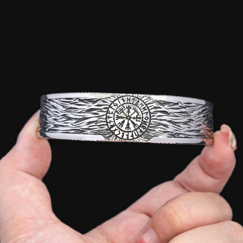 Braccialetto versatile da uomo in acciaio inossidabile con mitologia nordica e vichingo, stile retrò, con rune antiche e bracciale aperto solido_voghion.com