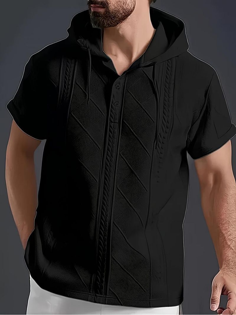 T-shirt con cappuccio e stampa elegante da uomo, comoda e traspirante, a maniche corte, con scollo a bottoni, per un abbigliamento casual._voghion.com